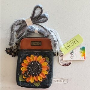 Chala Sunflower Vegan Leather Crossbody in Black and Orange w/ bee, NWT